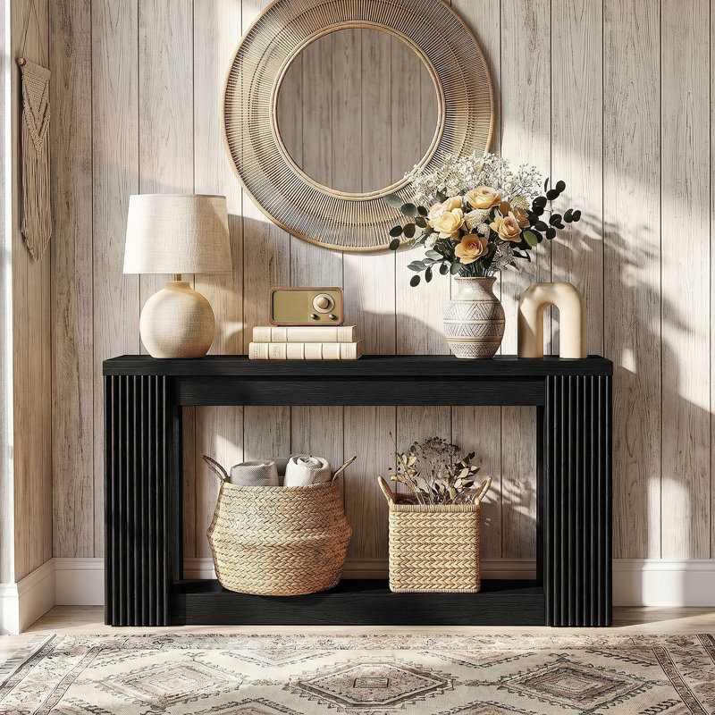 Console cannelée en bois avec 2 rangements, table d'entrée rectangulaire de 71 pouces derrière le canapé, Noir