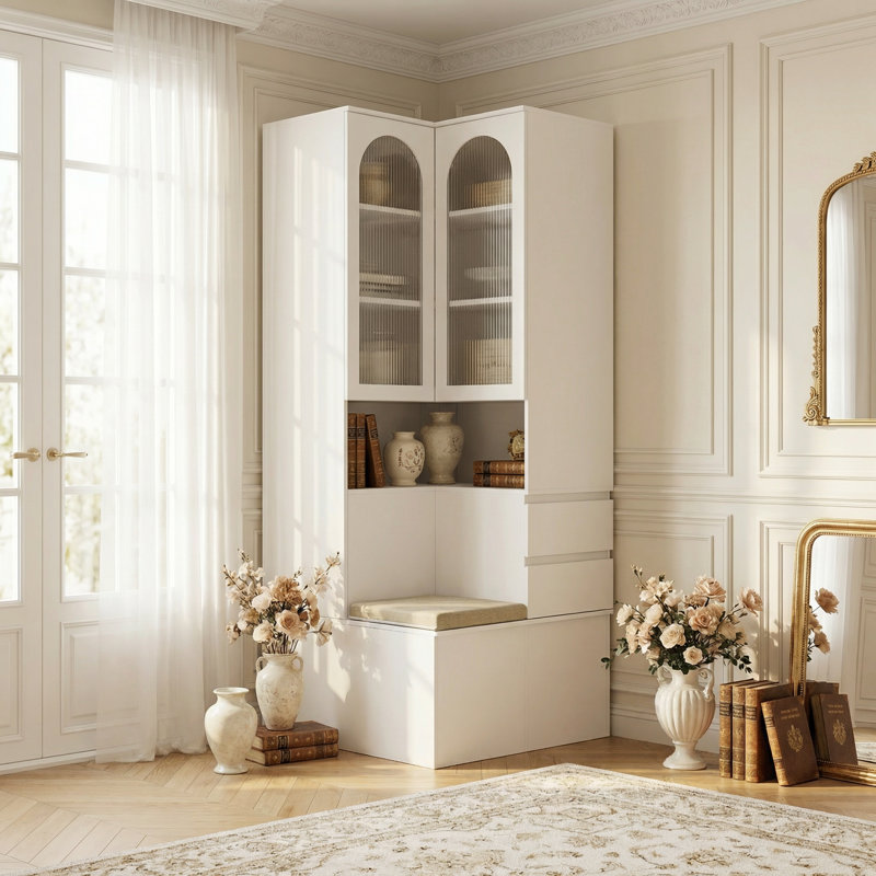 Armoire d'entrée de coin 78,7 "avec tiroirs, tablette ouverte et siège rembourré