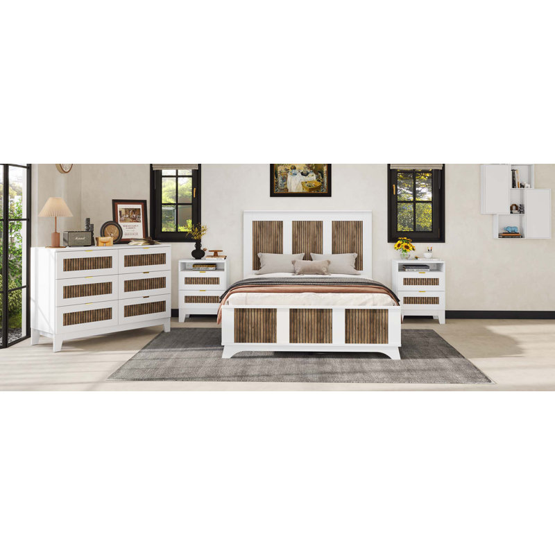 Farmhouse Wooden Platform Bed, Modern Platform Bed with Wooden Strip Decoration, Plywood Slats Support, Full, White
