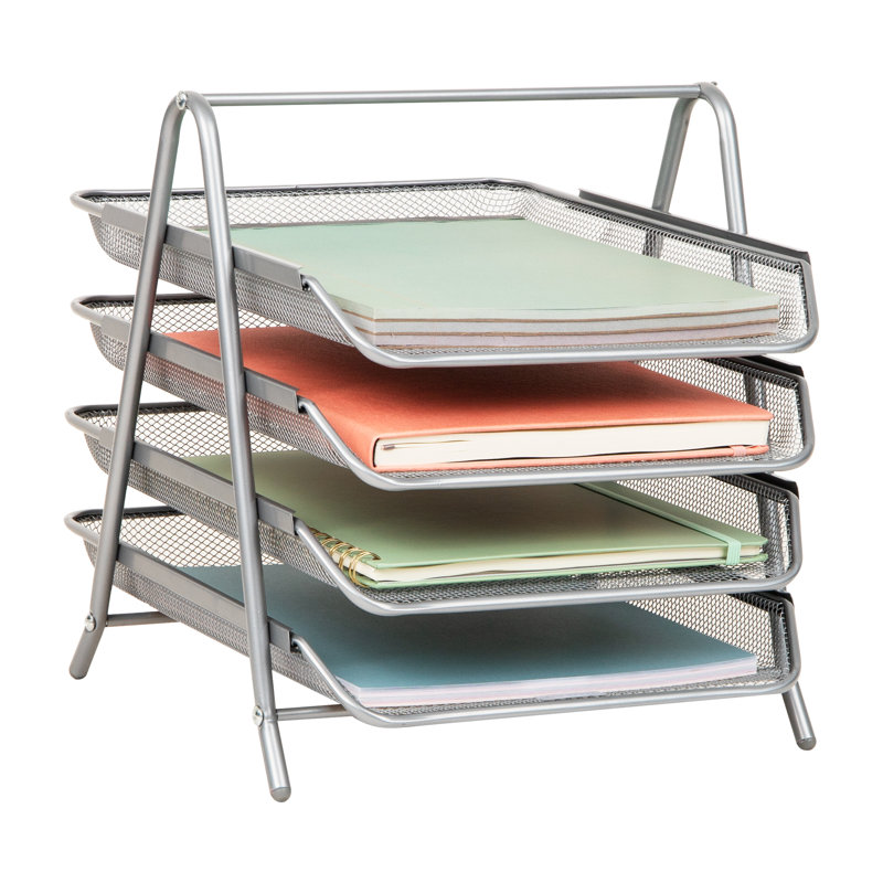 Rangement à 4 niveaux pour bac à papier, trieur de fichiers de bureau avec poignée, rangement pour documents, plateaux coulissants, filet métallique, argent