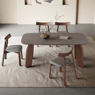 55.12"Brown Rectangular Sintered Stone Tabletop Solid Ash Wood Dining Table