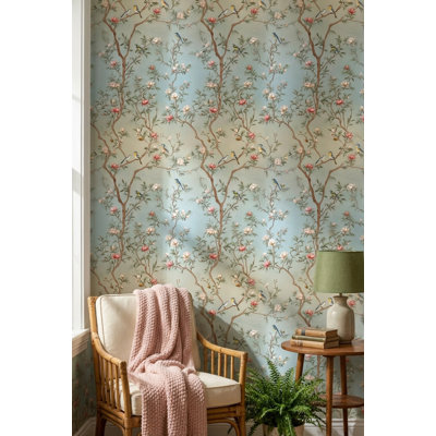 Papier peint floral oiseaux traditionnels amovibles