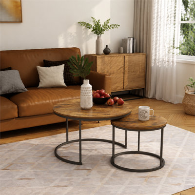 Set of 2 industrial round coffee tables in rustic brown, 27.6-inch wooden tops with sturdy metal frames, side tables for indoor and outdoor spaces