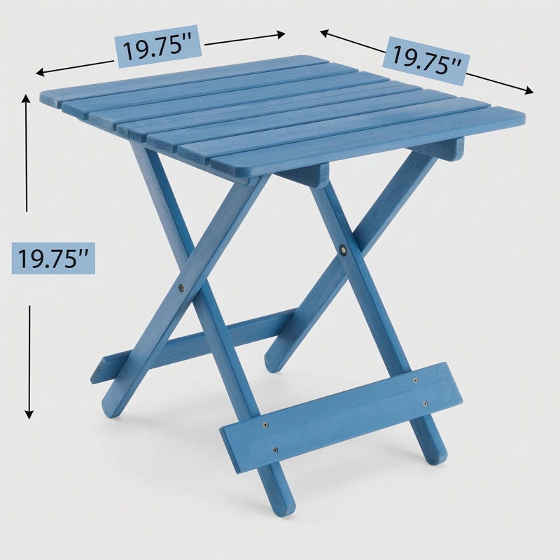 Square outdoor table with a folding design for space-saving storage. Constructed from solid wood, suitable for patios or balconies. Available in a blue color.