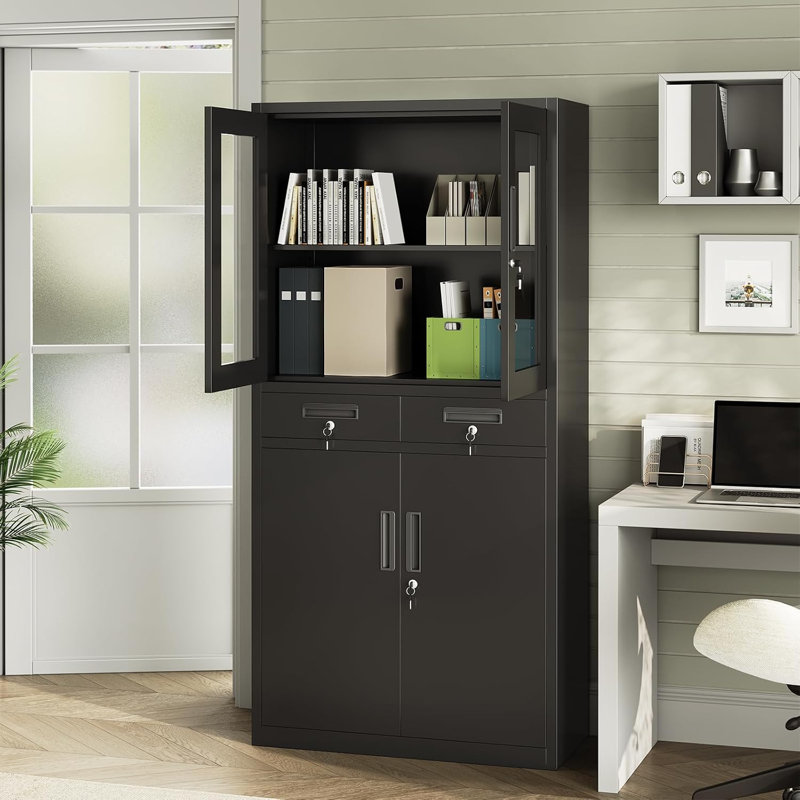 Armoire de rangement en métal noir de 180 cm (71 po) avec portes vitrées verrouillables et tablettes de bureau