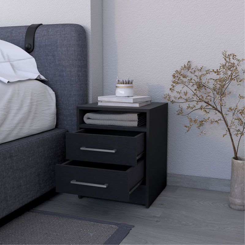 Nightstand, Two Drawers, Concealed Shelf, Black