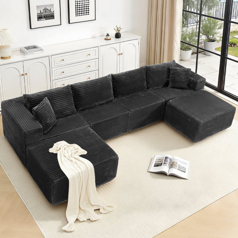 137" Cloud Couch For Living Room, Modular Sectional Sofa With Plush Corduroy U Shaped Big Comfy Upholstered Couches With Deep Seat, Compression Packaging & No Assembly Required