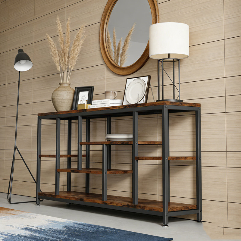 Entryway Sofa Table with Storage Shelves, Rustic Brown & Black