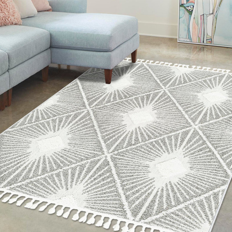 Tapis gris / ivoire en polyester tissé à la machine Jojean, Rectangle 4 pi 1 po x 6 pi 1 po