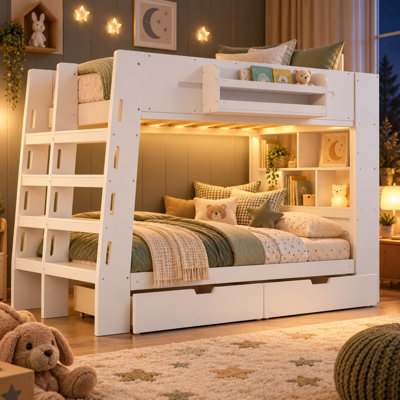Lit superposé Benedict avec lumières DEL, tête de lit bibliothèque, 2 tiroirs de rangement, tablettes intégrées, échelle en angle et garde-corps pleine longueur