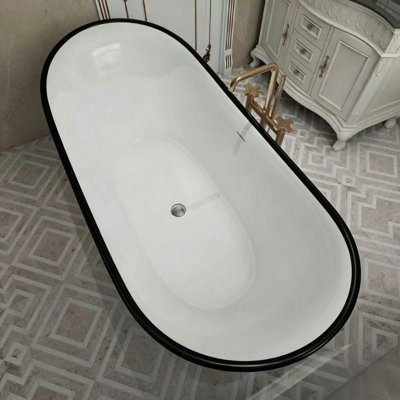 Baignoire sabot autoportante double en acrylique blanc brillant, 150 cm x 75 cm, avec rebord fin noir et fond plat 319BK