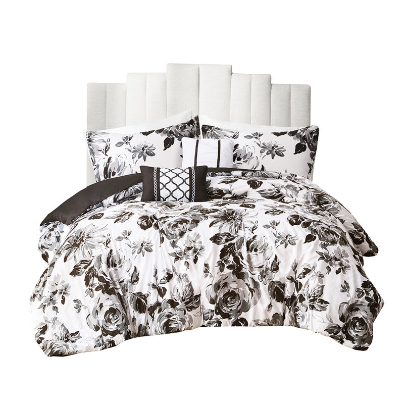 Édredon pour lit double / grand ultra doux à motif floral noir et blanc, 2 taies décoratives, coussins décoratifs, impression pleine grandeur lavable à la machine avec tissu, décoratif
