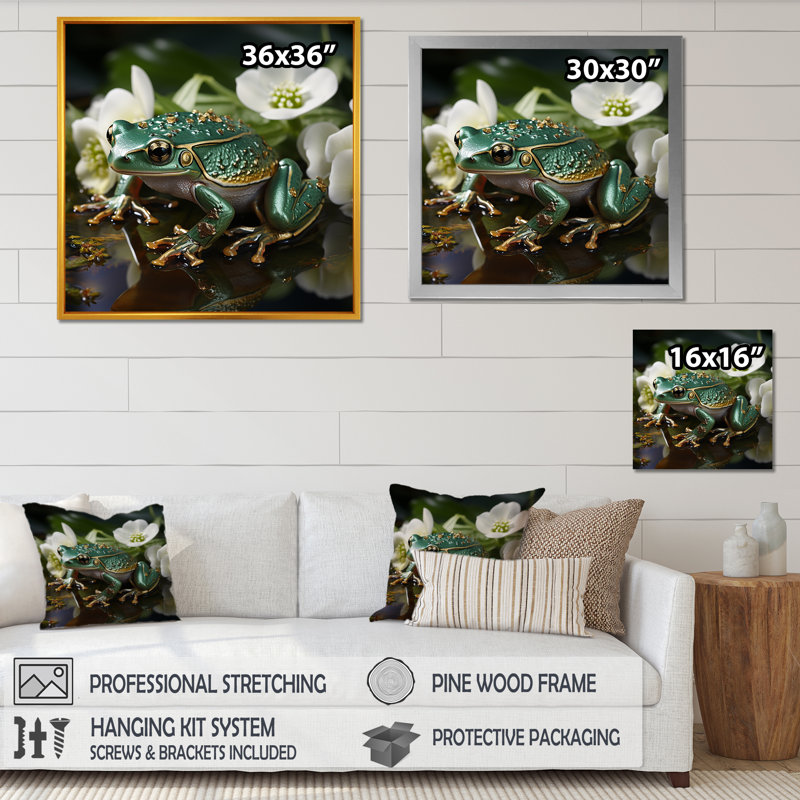 Grenouille verte sur verre, impression sur toile, H 30 po x l 30 po x P 1 po, Cadre simple noir