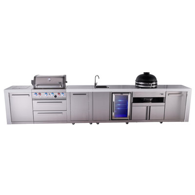 Mont Alpi Premium 4-burner 193" Deluxe Stainless Steel Island Modular Outdoor Kitchen Island Bbq Gas Grill With Beverage Center Faucet & Sink + Refrigerator + Kamado Cart + Storage Drawers & Cabinets
