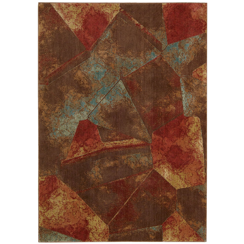 Trona Abstract Rust Red/Light Blue/Beige/Brown Area Rug, Rectangle 3'6" x 5'6"