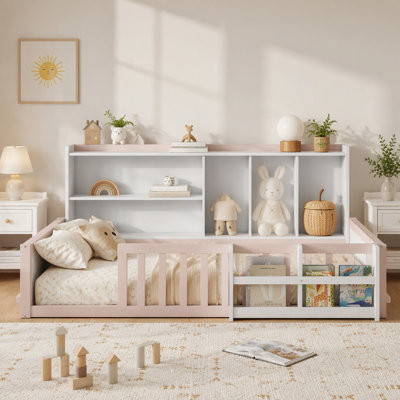 Full Size Kids Wooden Platform Bed Frame With Guardrail Fence, Side Storage Shelves & Book Shelf