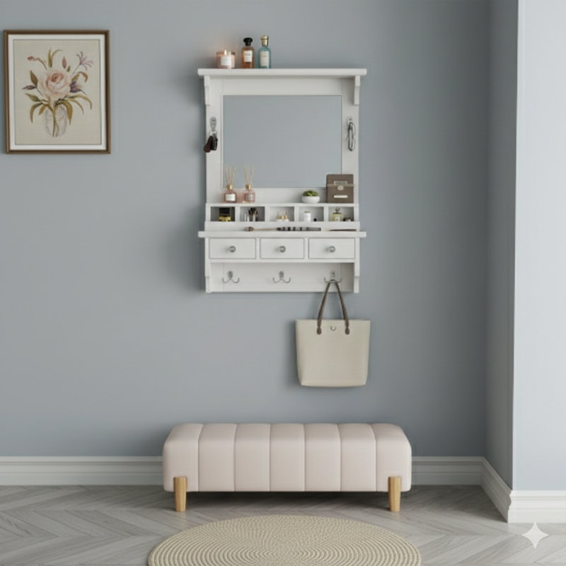 Coiffeuse flottante avec un grand miroir. Un meuble-lavabo mural avec tiroirs, poches et crochets. Un organisateur de maison décoratif peu encombrant conçu pour les petits espaces, en blanc.