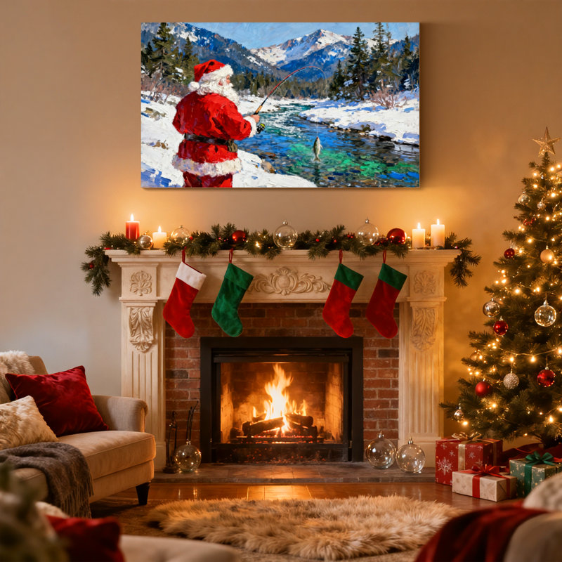 «Christmas Santa Fishing in Snowy Mountain Stream», ensemble de 3 impressions sur toile, H 20 po x l 30 po
