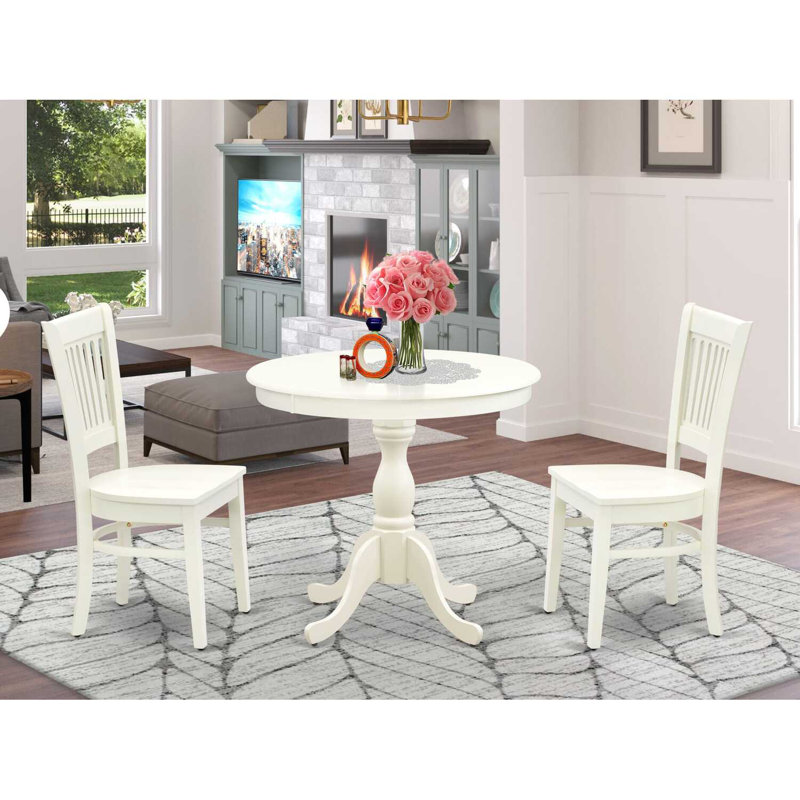 3 Piece Kitchen Table Set for Small Spaces Contains a Round Dining Room Table with Pedestal and 2 Dining Chairs, Linen White