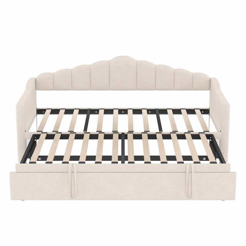 Upholstered Twin Size Daybed with Adjustable Height Pop Up Trundle Twin Bed and USB & Type-C Charging Port, Beige