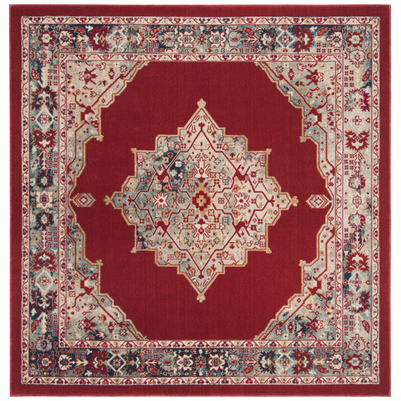Doucet 300 Pes/Cotton/Pp/Latex Oriental Rug in Red/Aqua, Square 6'