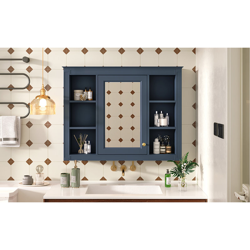 Armoire à pharmacie, armoire de rangement murale pour salle de bain, armoire murale moderne avec miroir, armoire à miroir avec 6 tablettes ouvertes (meuble-lavabo non inclus)