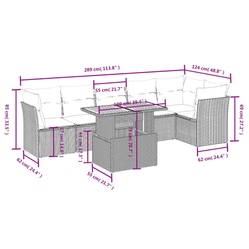  Ensemble de canapé de patio 7 pièces avec coussins en rotin de polyester gris