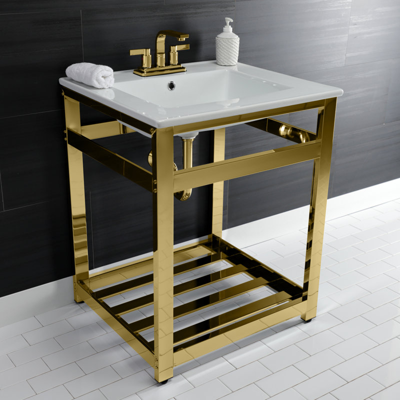 Lavabo de salle de bain console en céramique avec trop-plein, Blanc / laiton poli, 4" Centres