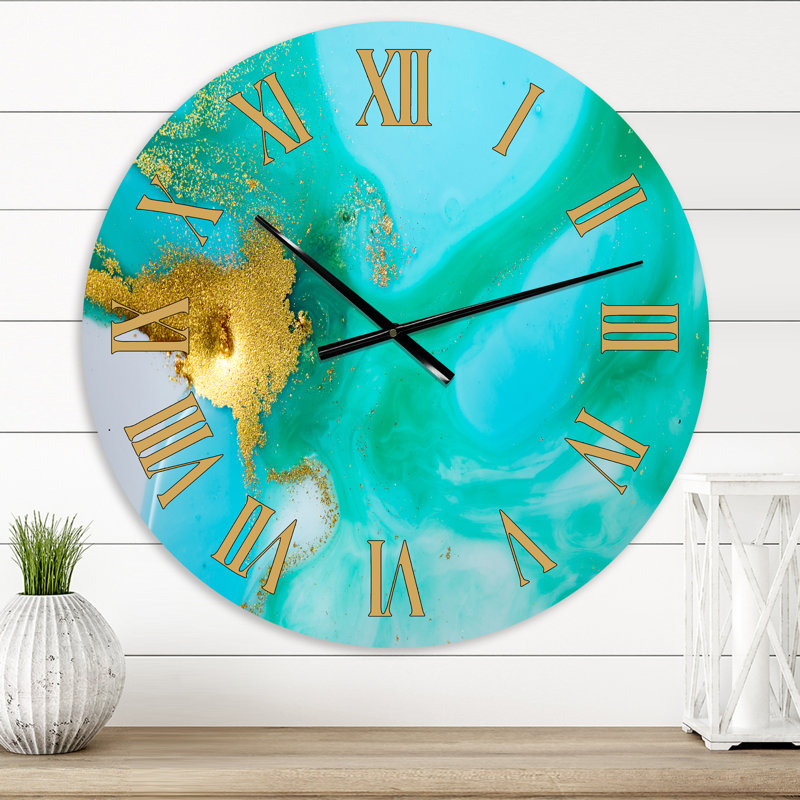 Or et vert marbré texture ondulée II - horloge murale moderne, Très petit