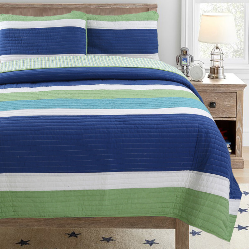 Queen Blue and Green Cotton Reversible Quilt Set