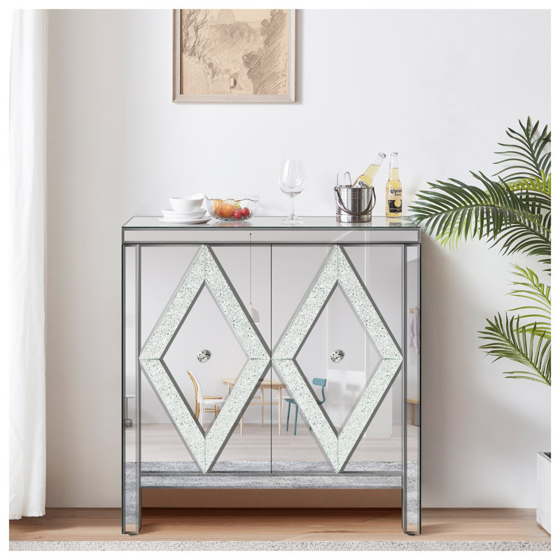 Armoire d'appoint à miroir argenté avec design en cristal de diamant - Console de rangement moderne pour le salon, la salle à manger et le vestibule