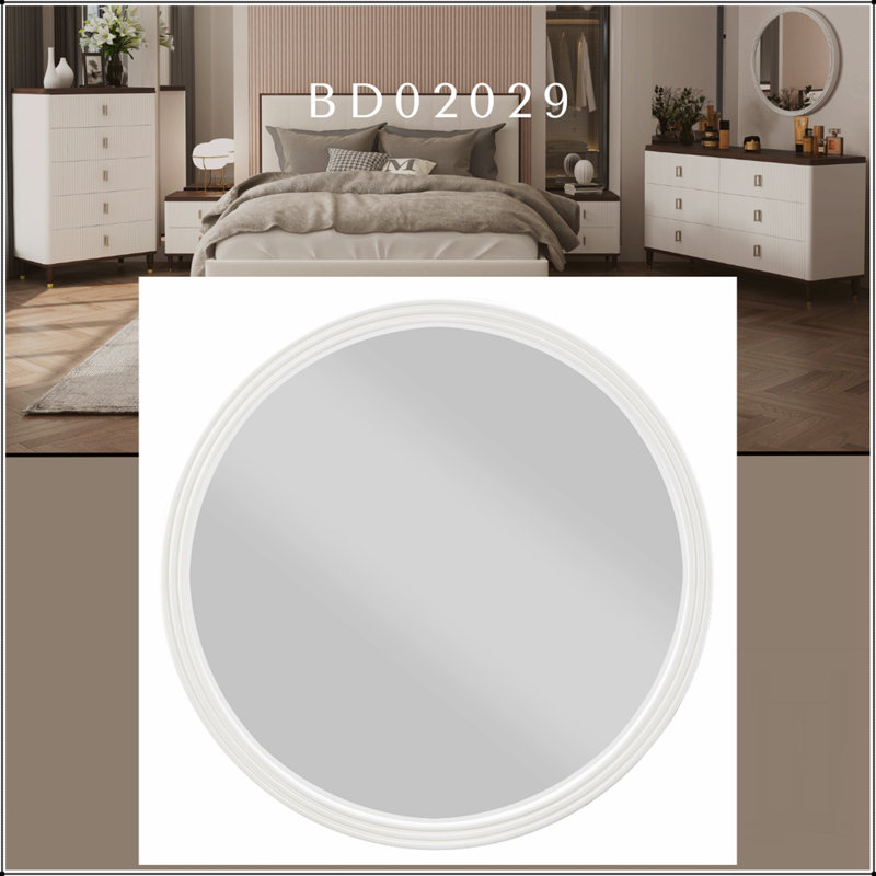 Miroir rond Carena avec finition gris clair, cadre en bois de peuplier durable et vaste réflexion de 32 pouces pour une élégance moderne