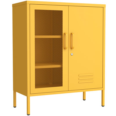 Armoire de rangement à porte grillagée et en métal jaune, casier en acier robuste à 3 niveaux avec 2 tablettes réglables, armoire d'appoint pour le salon, le bureau personnel, H 33 po x l 29,5 po x P 13,8 po