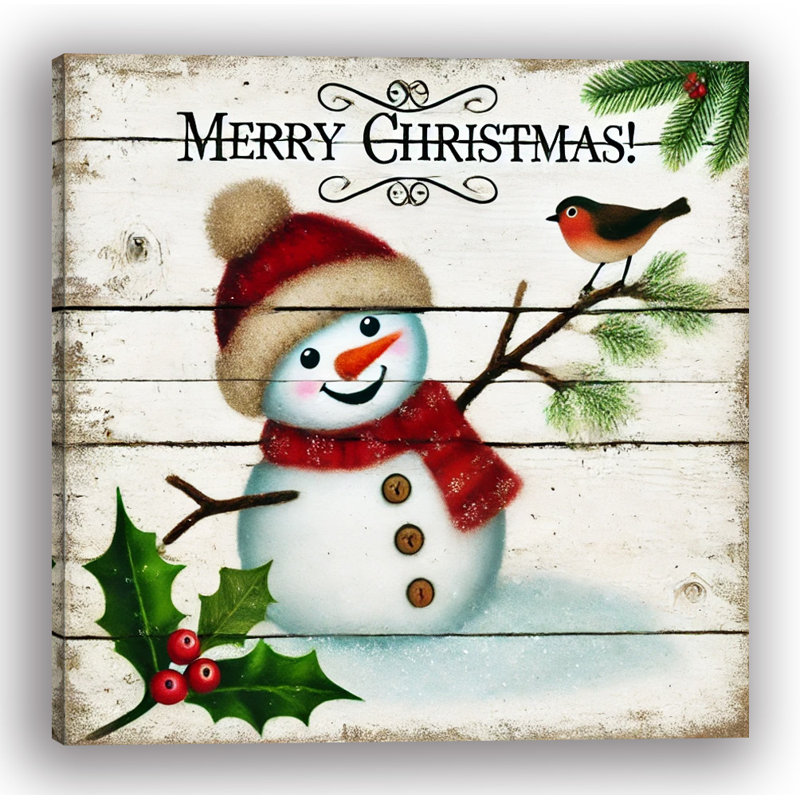 Cheery Snowman with Robin - art mural festif, H 12 po x l 12 po x P 1 po