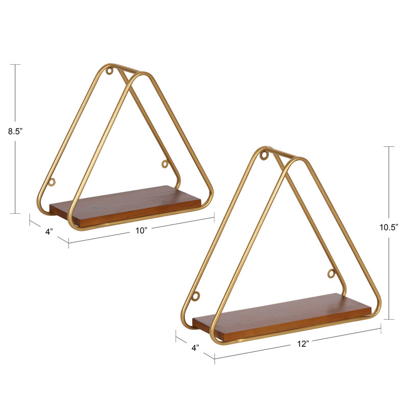 2 Piece Triangle Accent Shelf, Walnut Brown/Gold