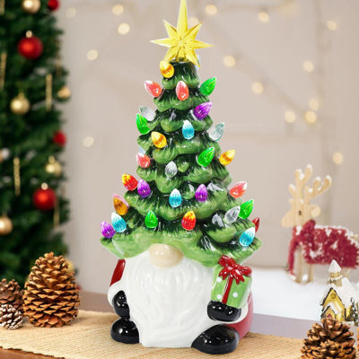 Décorations de Noël - Arbre de Noël en céramique gnomes illuminés de 12 po avec 46 lumières multicolores - Petit mini décor de Noël pour la table