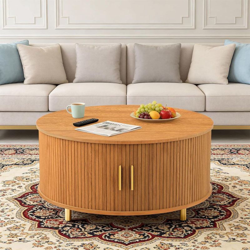 Round Coffee Table with Storage, 31.5" Mid Century Modern Coffee Table with 360° Curved Sliding Door, Yellow Walnut