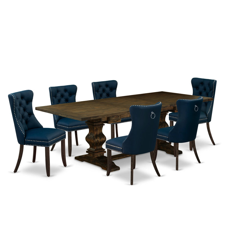 7 Piece Kitchen Set Contains a Rectangle Dining Table with Removable Leaf and 6 Polyester Fabric Upholstered Chairs, Distressed Jacobean