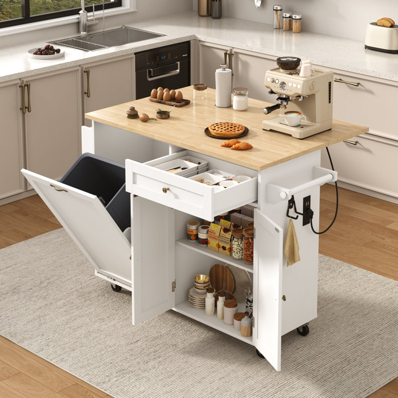 Îlot de cuisine 51 po avec abattant pliable, armoire à déchets dissimulée, prise de courant, 2 tiroirs, tablettes réglables, porte-épices et serviettes, roues verrouillables, chariot de cuisine mobile pour la salle à manger et la maison