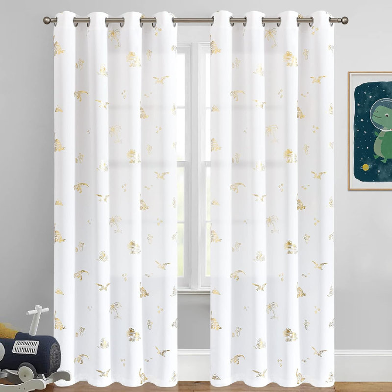 Alcuin Dinosaur Blackout Curtain Pair, 52" W x 84" L, White