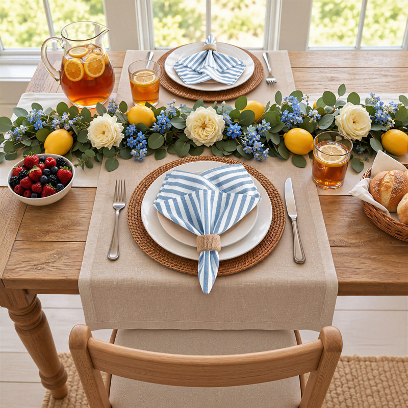 Serviette de table 100 % coton teint en fil, à rayures, 45,7 cm x 45,7 cm, Blue
