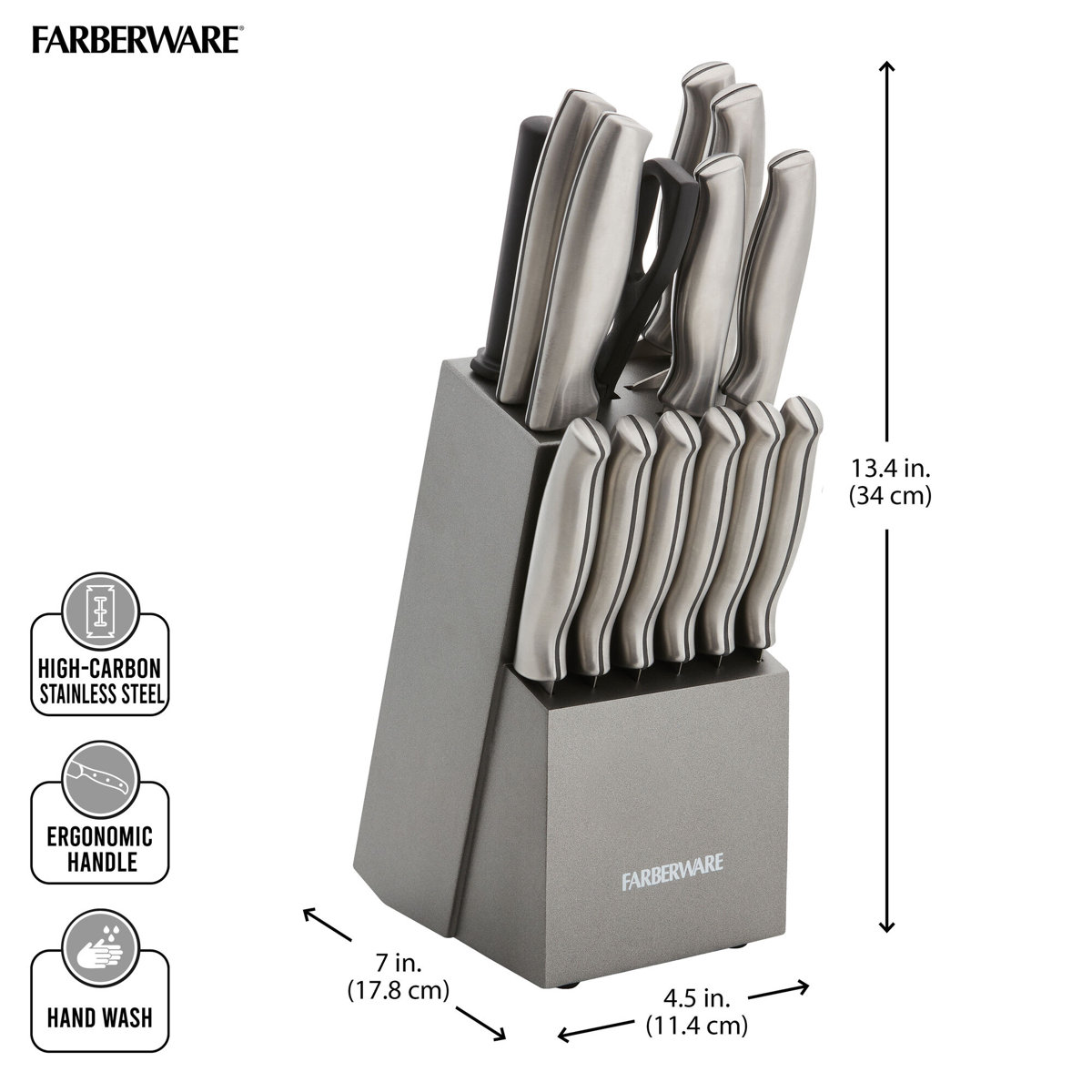 Farberware Stamped 15-Piece High-Carbon Stainless Steel Knife Block Set with Steak Knives & 3-Piece Bamboo Cutting Board - Thumbnail 4