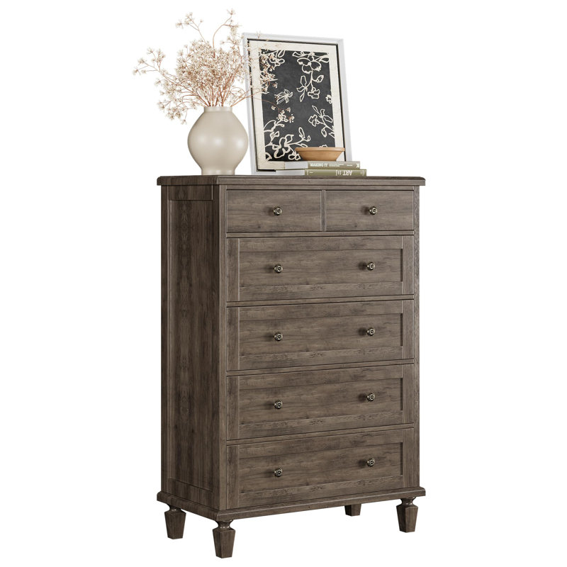 47" Tall Vintage 6 Drawer Wood Dresser with Carved Handles & Tapered Legs for Bedroom, Gray