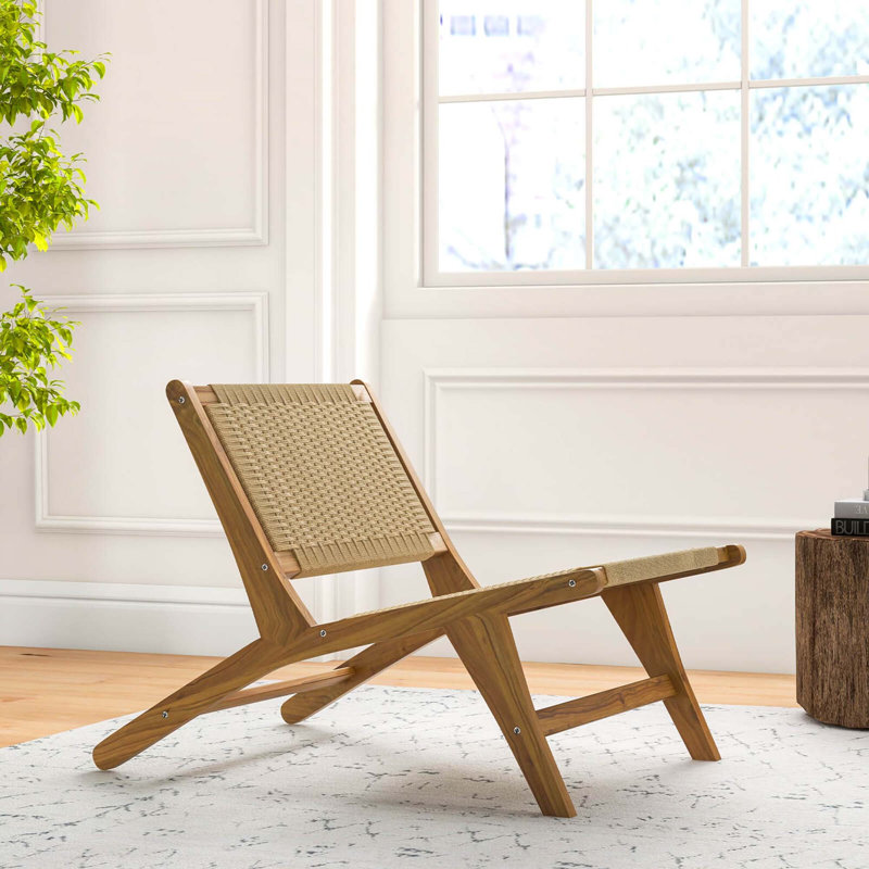 George Oliver 1 Pcs Teak Wooden Chair With Braided Rope Seat & Backrest Mid Century Modern Accent Chair