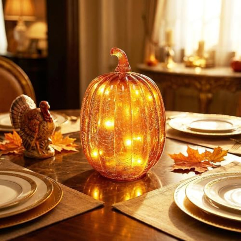 Décorations d'automne pour la maison, lumière de citrouille en verre craquelé avec minuterie, lampe de citrouille à DEL à pile, veilleuses en verre illuminées, idéal pour Halloween, décor rustique de l'Action de grâce, décoration de Noël