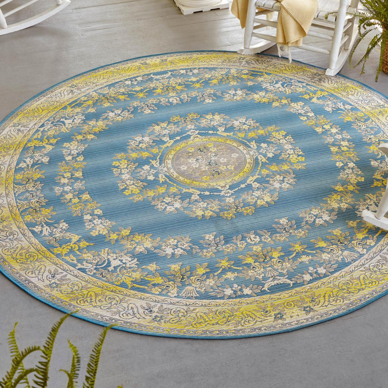 Tapis bleu intérieur / extérieur bleu Cahuita, Rond 7 pi 10 po