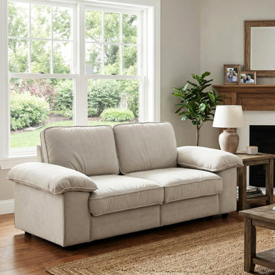78,74 pouces d'espace de rangement en blanc crème, 2 coussins de siège avec rangement caché, structure en bois et dossier contemporain, accoudoirs carrés blancs en mousse à deux places