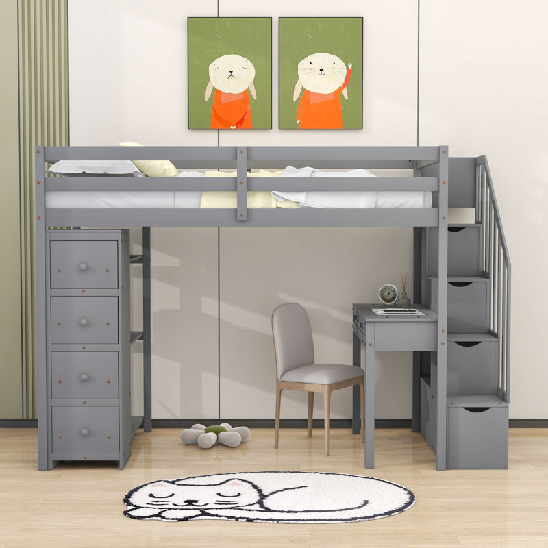Graesen Kids Twin Loft Bed with Drawers, Gray
