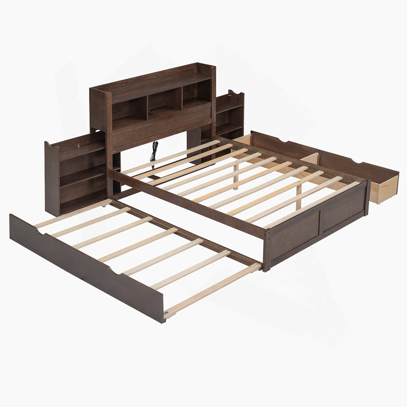 Lit plateforme avec rangement et tablettes coulissantes, lit gigogne et 2 tiroirs