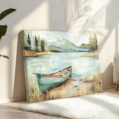 Lake Landscape Canvas Solid Wood Frame Support 16" X 24" Wall Art - Rustic Nature Painting Abstract River Boat Scenery Picture Colorful Panoramic Artwork Decor For Bedroom